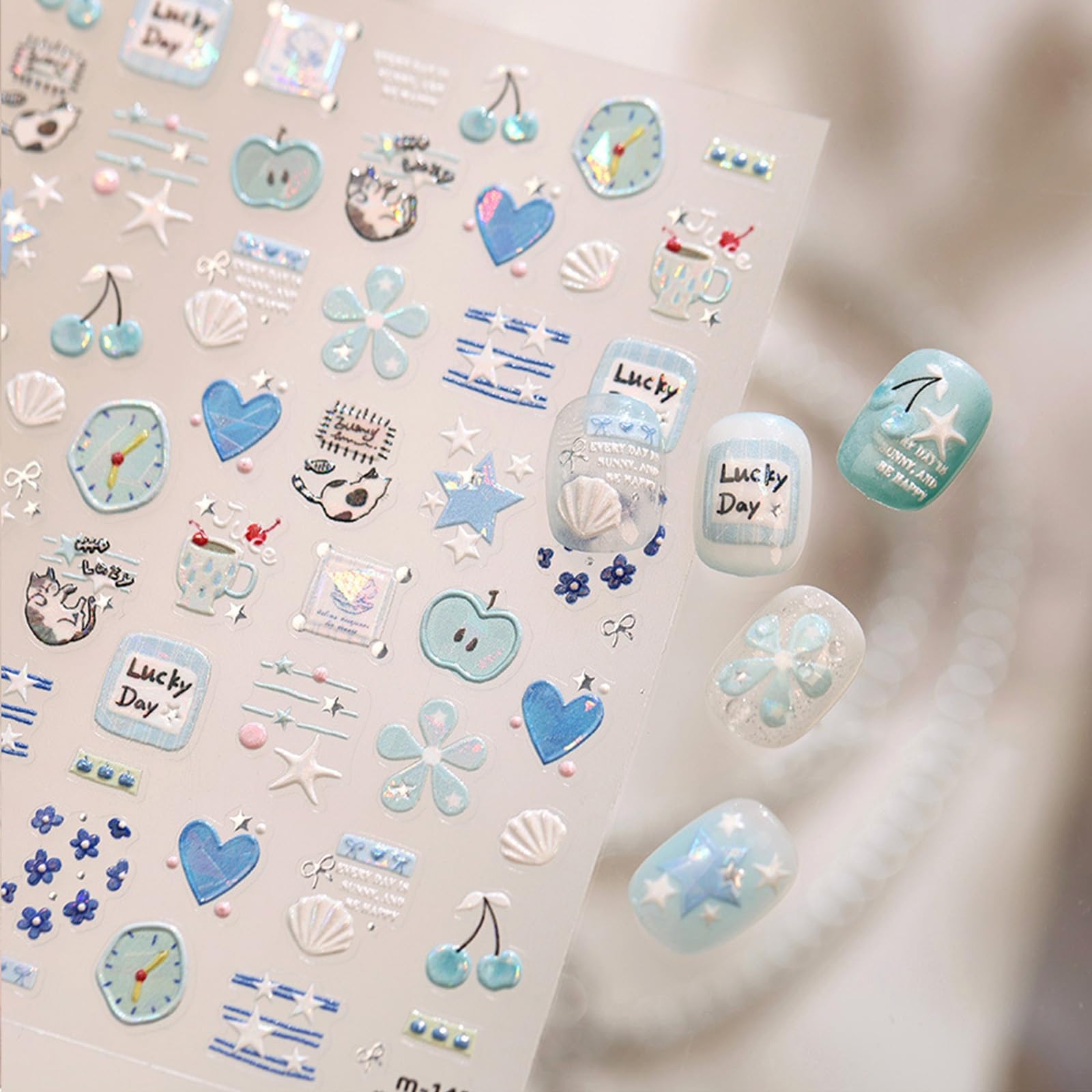 Blue Nail Art Stickers Heart Clock Nail Decals Summer Nail Stickers 1Sheets