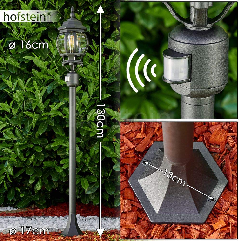 Lampa zewnętrzna Lentua z czujnikiem ruchu, oświetlenie drogi, odlew aluminiowy w kolorze czarnym z plastikowymi tarczami, lampa podłogowa 130cm, E27, IP44, bez żarówek