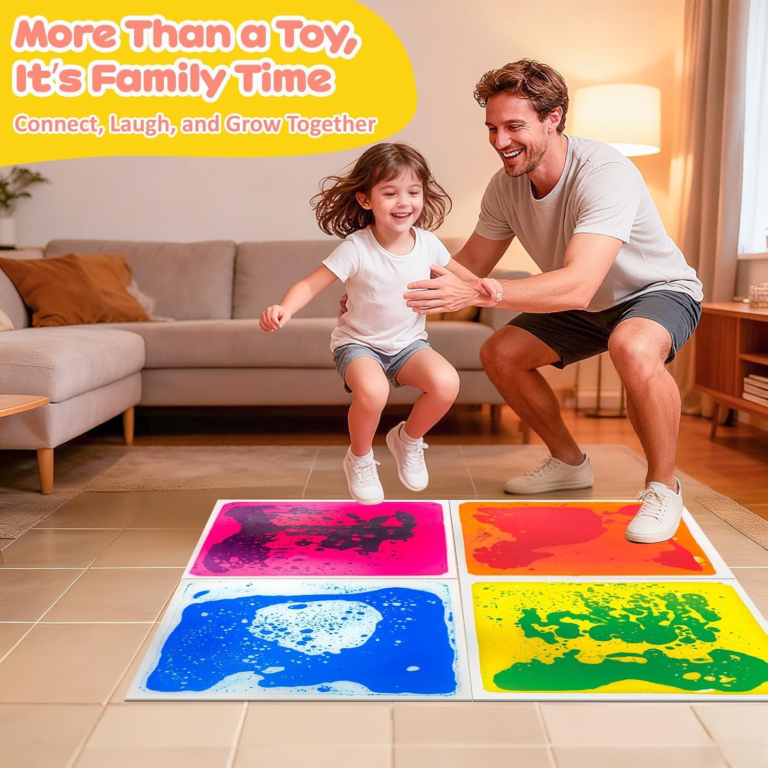Sensory Floor Tiles for Kids, 4 Pack Premium PET Liquid Lava Tiles with Bonus Fidget Toy, 12"x12" Square Sensory Mats for Calming Corner & Playroom, Autism & ADHD Tools
