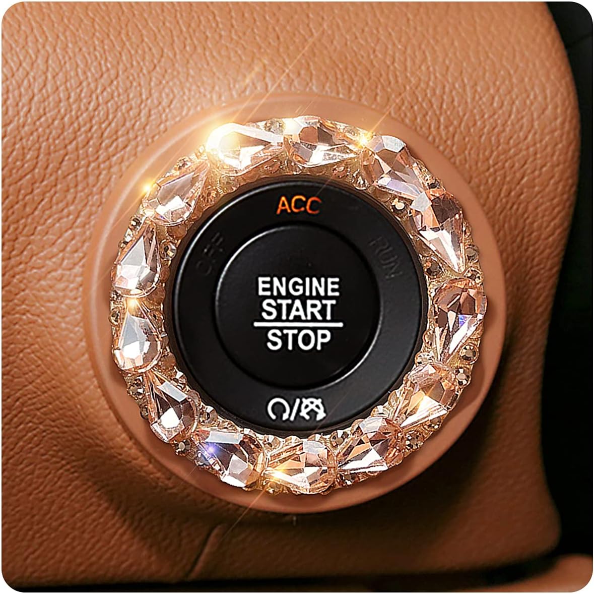 Car Engine Start Stop Ignition Button Logo Sticker, Shiny Crystal Rhinestone Cover Protection Ring, Bling Car Accessories for Wowen (Rose Gold gem)