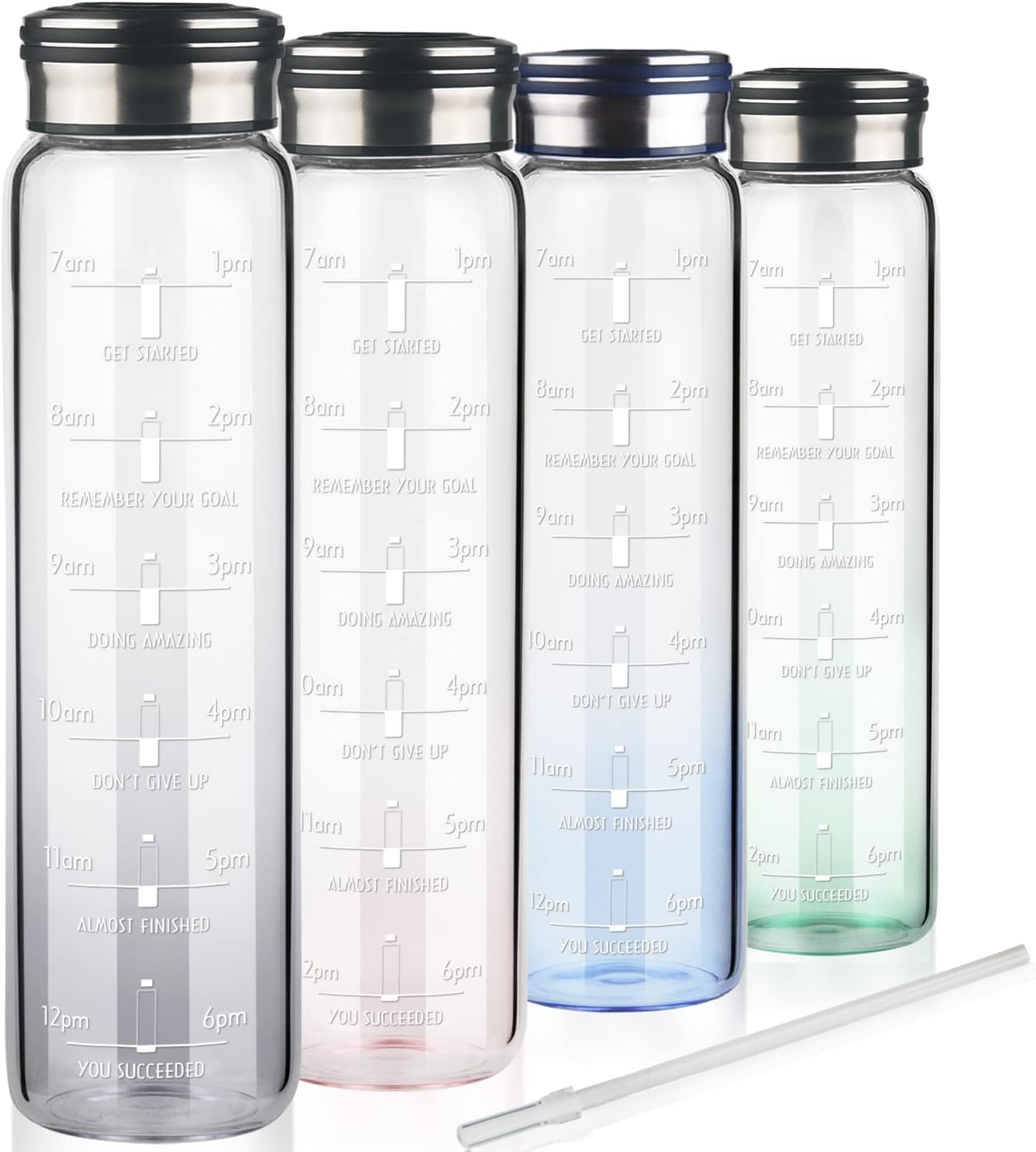 Cleesmil 1 litre Glass Water Bottle with Straw & Motivational Time Markings BPA Free Glass Drinking Bottle 1l with Neoprene Sleeve (Gradient Black)