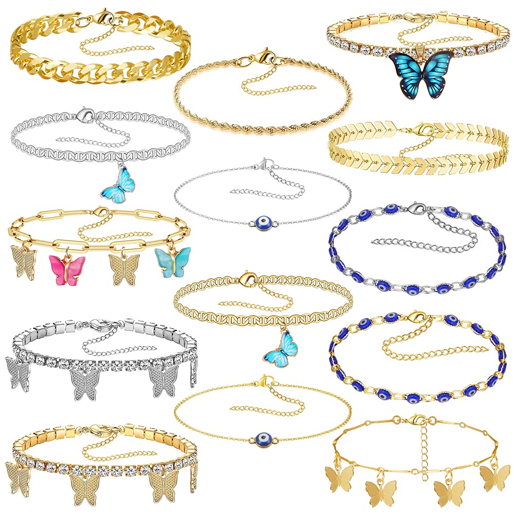 14 Pcs Evil Eyes Butterfly Crysta Sparkly Luck Anklet Bracelets Set for Women Gold Boho Beach Anklets Chain Adjustable Foot and Hand Adjustable Chain Jewelry for Girls