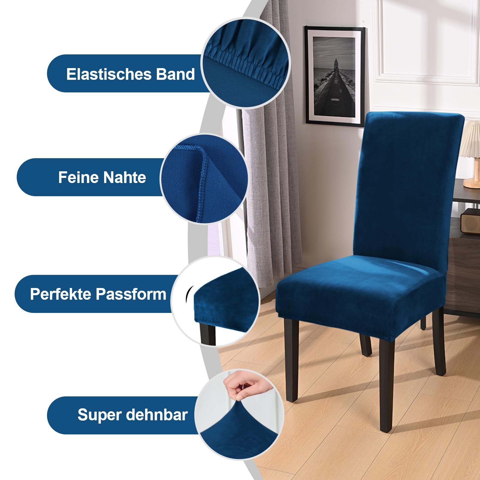 6 Coprisedili Elasticizzati In Velluto Per Sedie Da Pranzo - Grigio - Adatti A Sedili 36-54cm