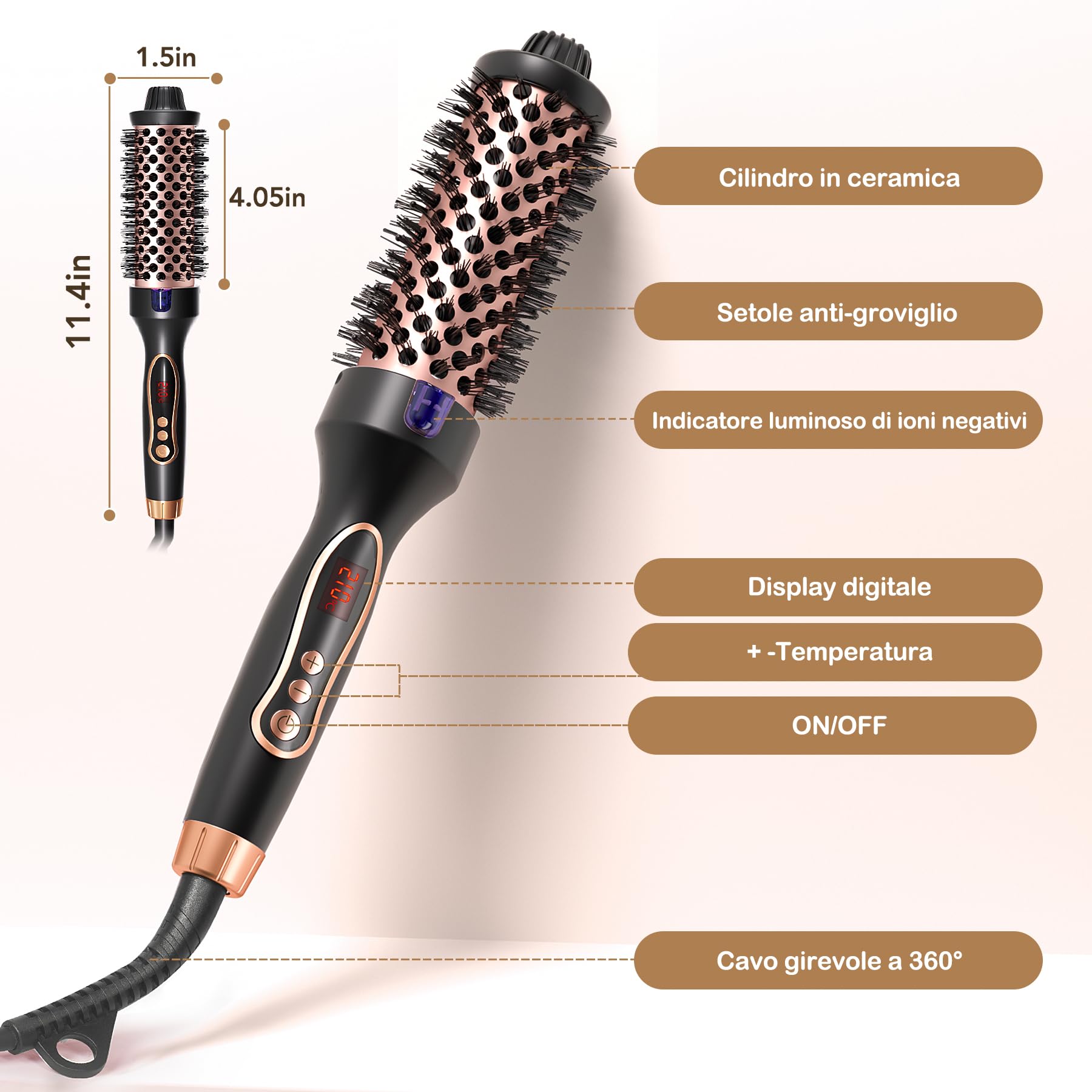 Thermal Brush, Spazzola Termica Arricciante, Spazzola Rotonda Termica Elettrica Ionica Per Ricci Naturali, 9 Temperature Regolabile, Meno Danni, Fusto Da 38mm, Doppia Tensione
