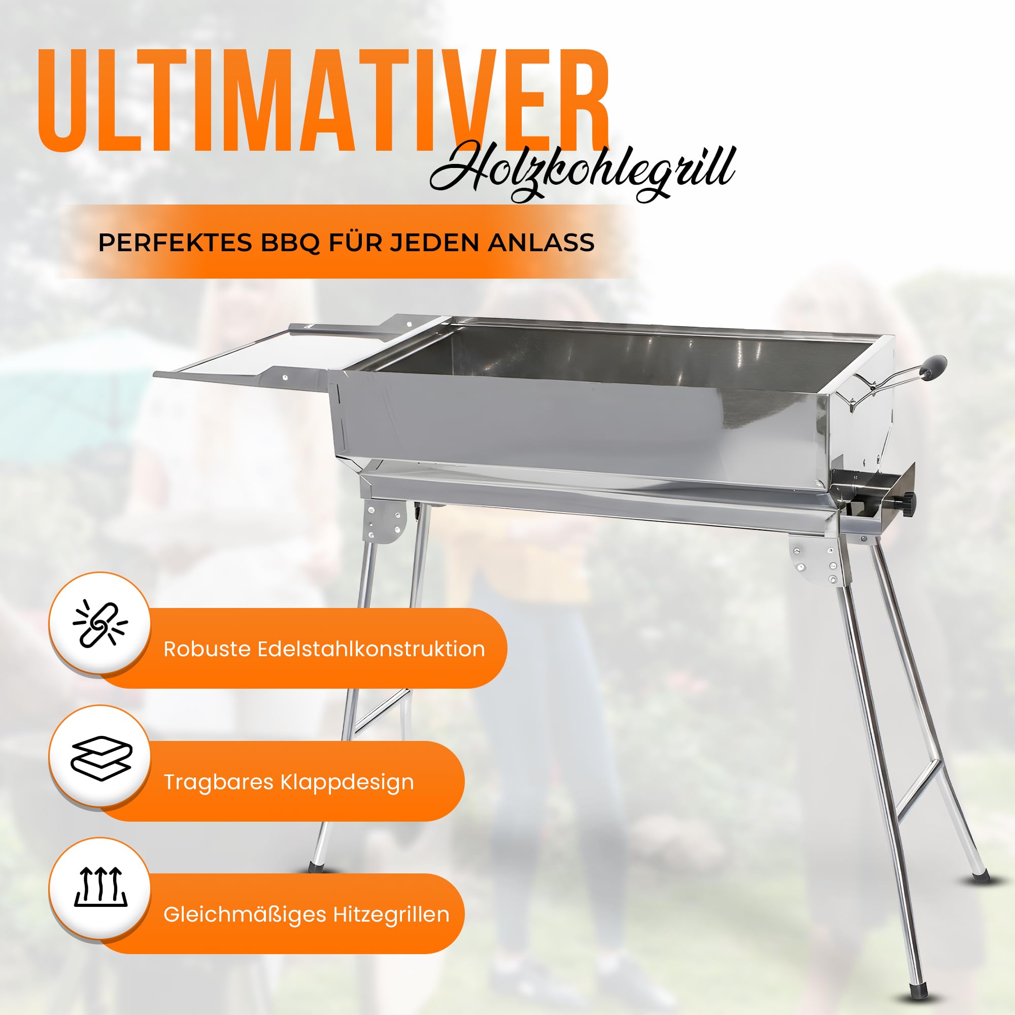 Mangal Holzkohlengrill Edelstahl – Tragbarer Klappgrill mit 14 Spießen, Grillrost, Ascheschublade & Ablagefläche | BBQ Grill für Garten, Terrasse & Camping