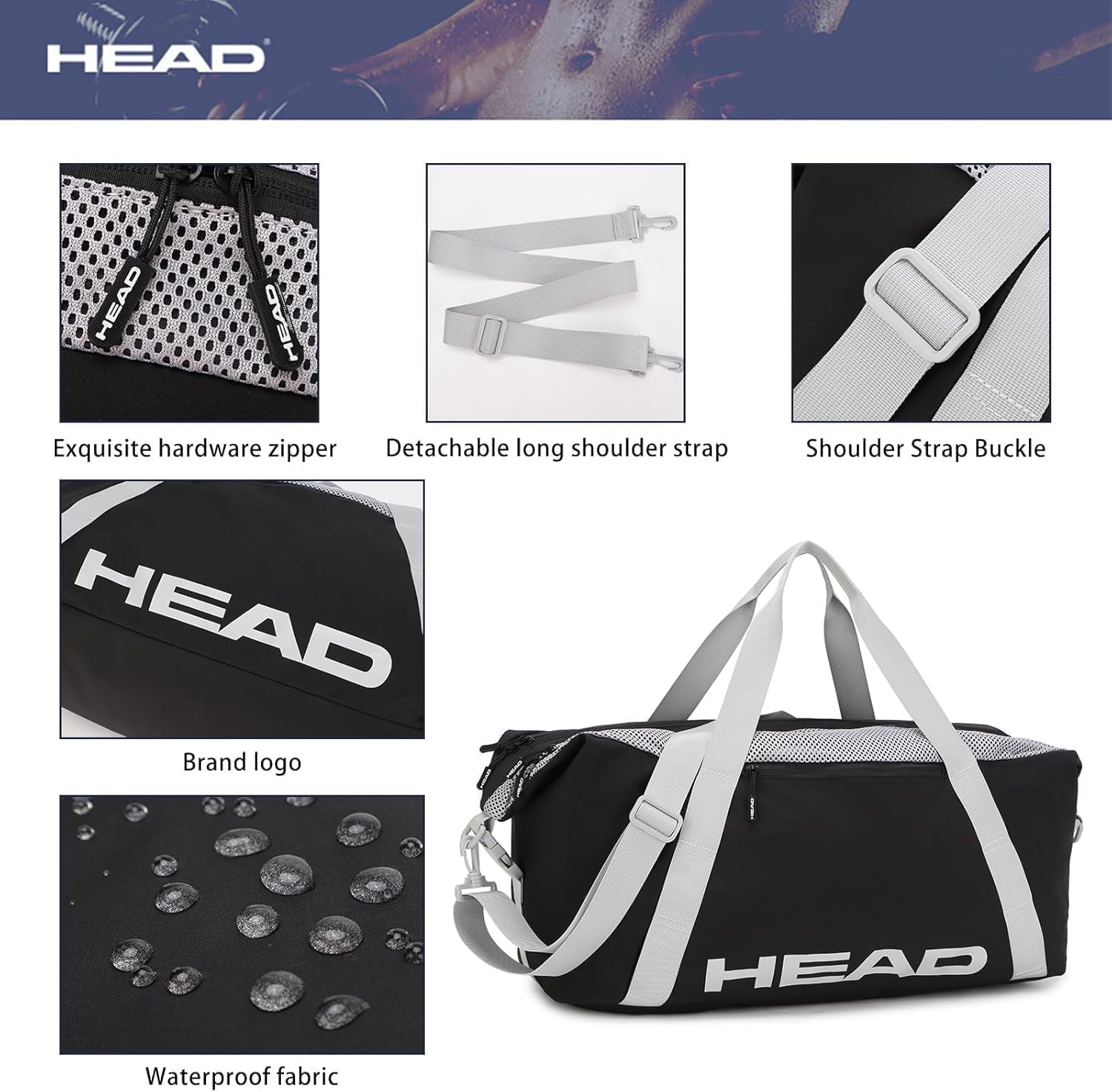 HEAD 45L Black Waterproof Gym Duffel Bag for Women Men, Large Capacity Weekender Overnight Bag with Detachable Strap, Lightweight Travel Tote for Fitness, Yoga & Business Trips - Image 7