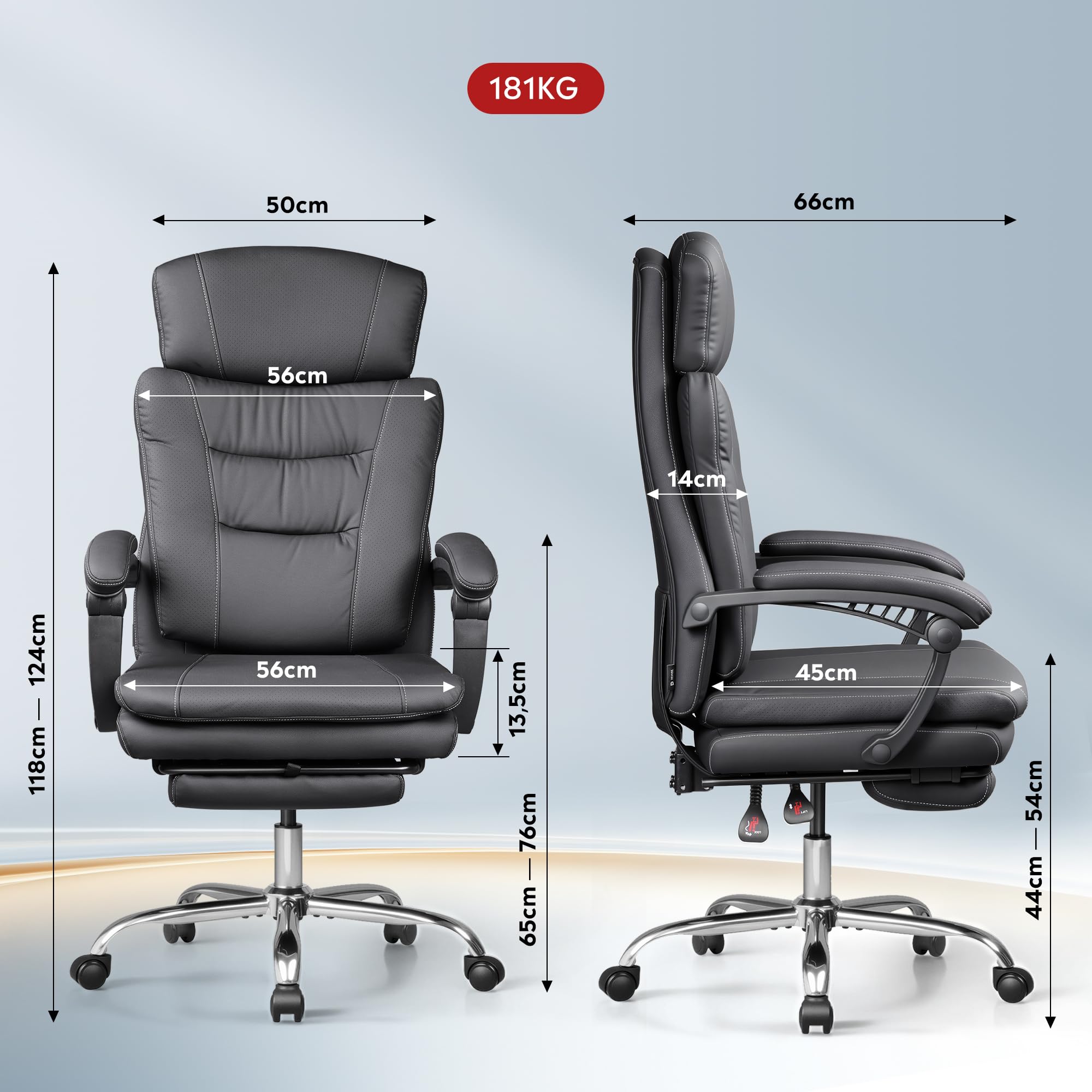 DEVAISE Chefsesse PU Leder, Bürostuhl Ergonomisch mit Fußstütze und Lendenwirbelstütze, Wippfunktion und Winkelverriegelung, Hohe Rückenlehne, Höhenverstellbar, Liegestuhl für Büro, Schwarz, Bis 200kg