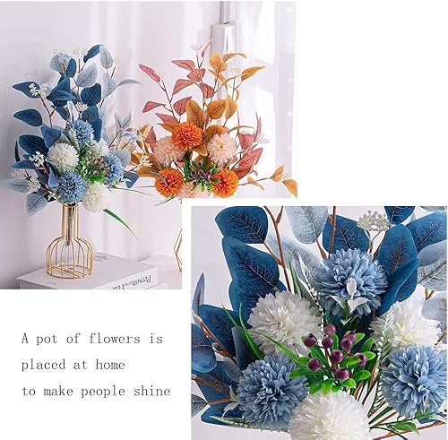 Miniatura 6 de WANLIAN Flores artificiales de hortensias con jarrones, bola de crisantemo de seda azul, decoraciones de mesa para bodas, fiestas, decoración del