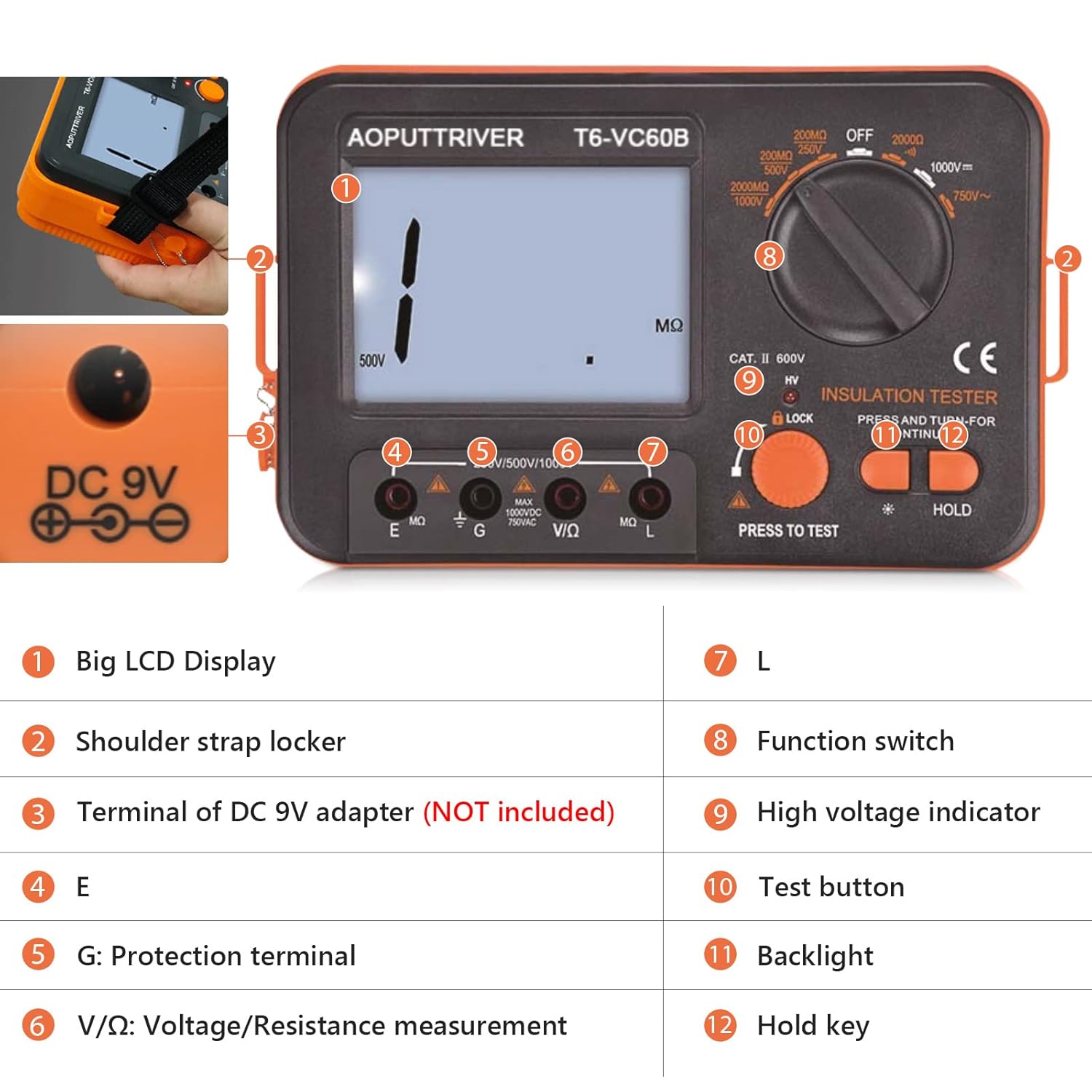 Megohmmeter 1000V Insulation Resistance Tester, 1999 Counts Megaohm Meter Big LCD Display DCV ACV Megohm Meter DC250/500/1000V, 200MΩ~2000MΩ Resistance Testing with Data Hold Backlit for Motor Cables