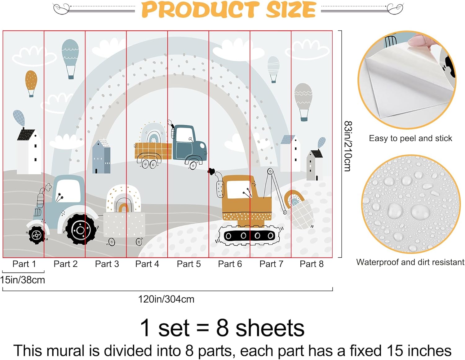 119.6x83inch Large Cartoon Rainbow Wallpaper 3D Removable Car Clouds Ballon Wall Sticker Murals Peel and Stick Locomotive Decals for Kids Room Wall Decor Home Wall Background Decoration