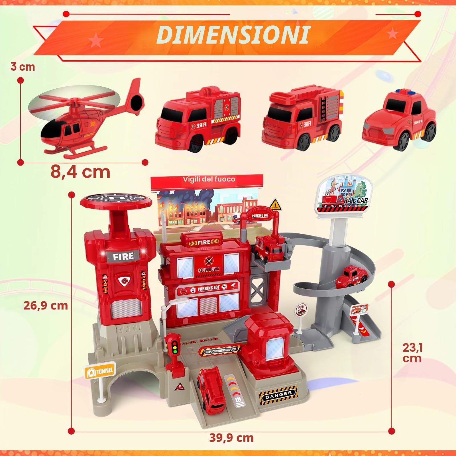 deAO Camion Pompieri Giocattolo 2 Piani con 3 Auto ed Elicottero 3+ Anni | ABS, 27×40×23 cm, Garage Caserma con Luci e Suoni, Piattaforma Lancio, Ascensore, 5 Cartelli + Adesivi, Gioco di Salvataggio
