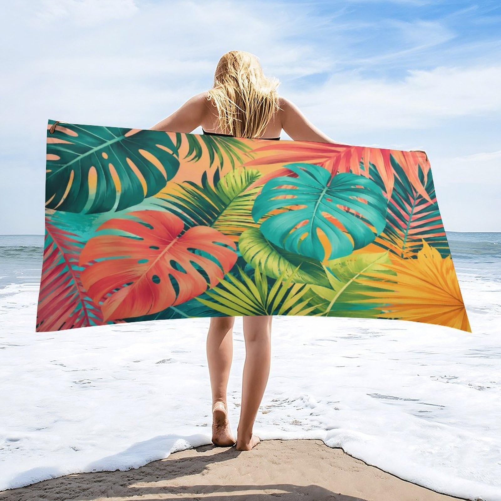 Anceky Tropical Leaves Beach Towel 32"×63",Soft Microfiber Bath Towel Shawl, Quick Dry Absorbent Pool Spa Gym Shower Towel