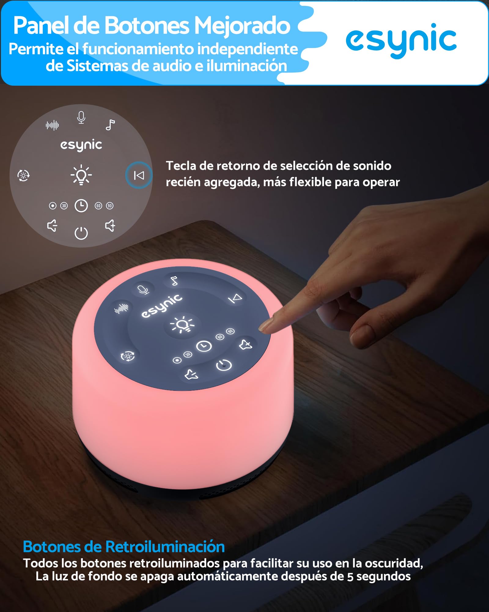 Máquina de Ruido Blanco eSynic Máquina de Sonido Portátil para Dormir para Bebé con 30 Tipos de Sonidos Relajantes, Luz Nocturna Ajustable,Temporizador, Batería incorporada de Gran Capacidad — view 3