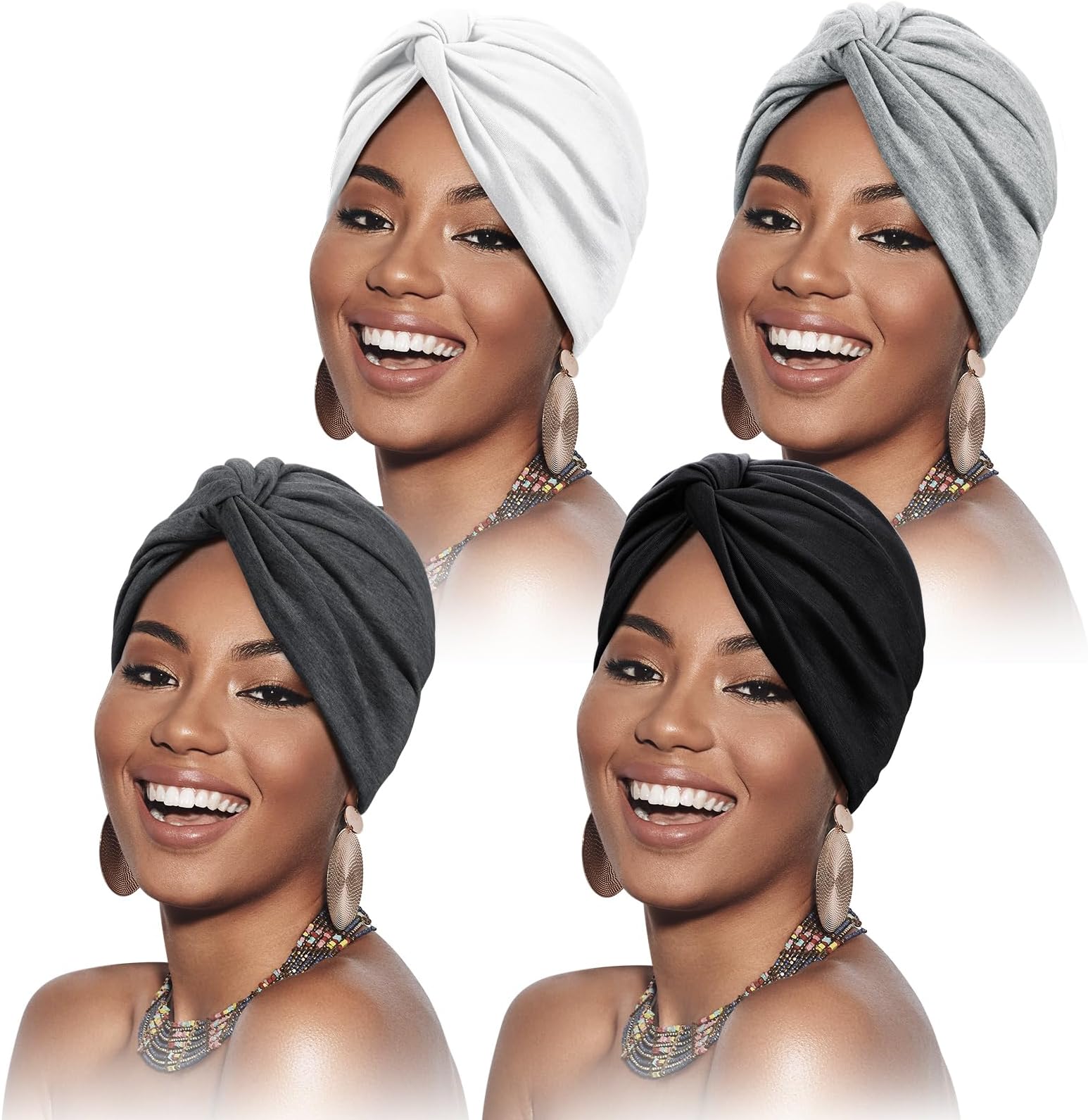 4 Pieces Turbans for Women Soft Pre Tied Knot Pleated African Head Wraps Cancer Turban Cap Chemo Headwrap Head Wear