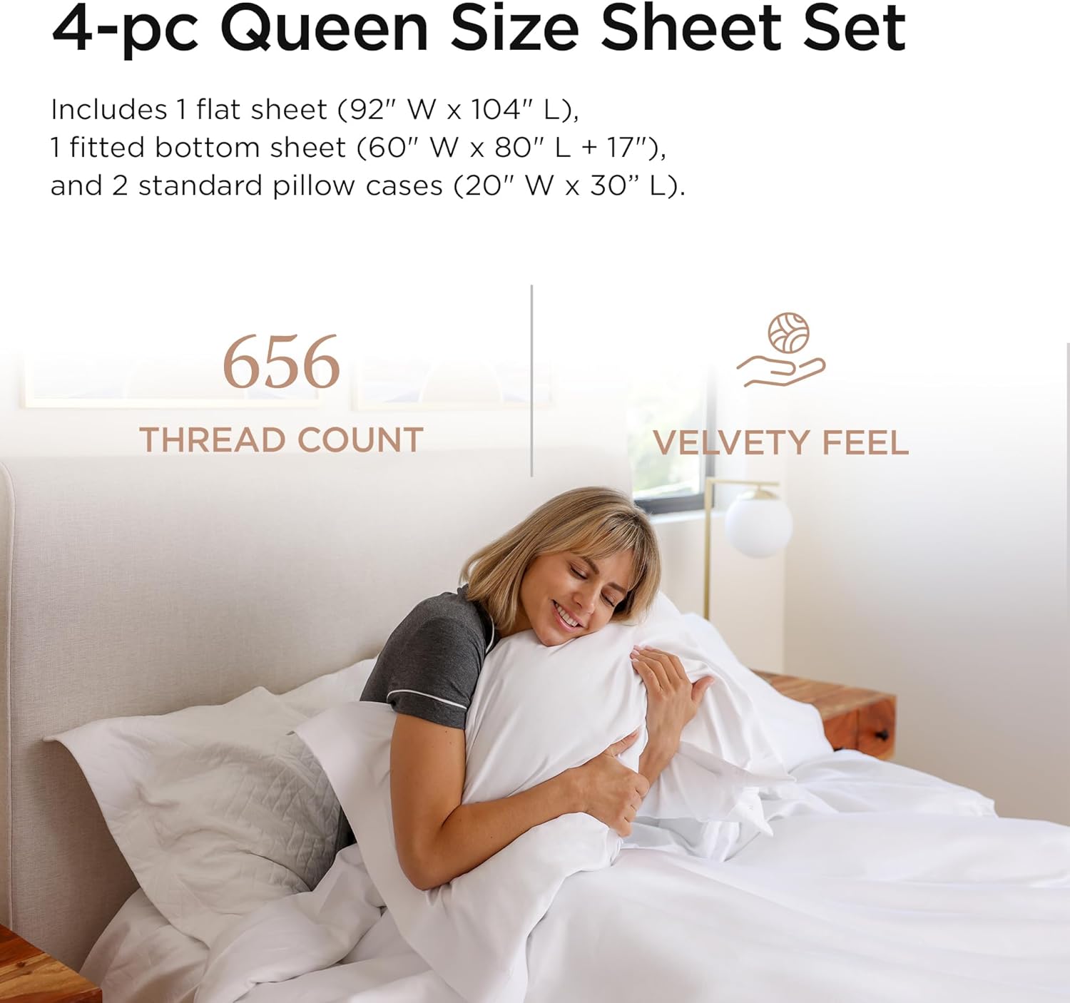 Threadmill Supima Cotton Sheets Queen | 656 Thread Count Queen Sheets for Queen Mattress | 4 Piece Luxury Bed Sheet | Sateen Weave Hotel Quality Sheet with Elasticized Deep Pocket| White Sheet