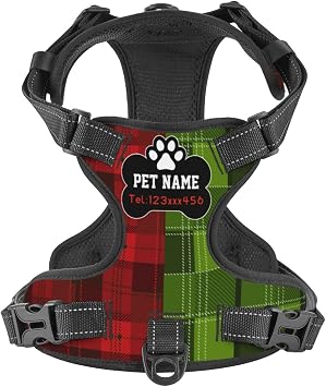 Custom No Pull Dog Harness, Personalized Christmas Red Green Plaid Dog Vest with Pet Name Phone Number, Customized Adjustable Reflective Pet Harness for Large Medium Small Dogs Cats Outdoor Walking