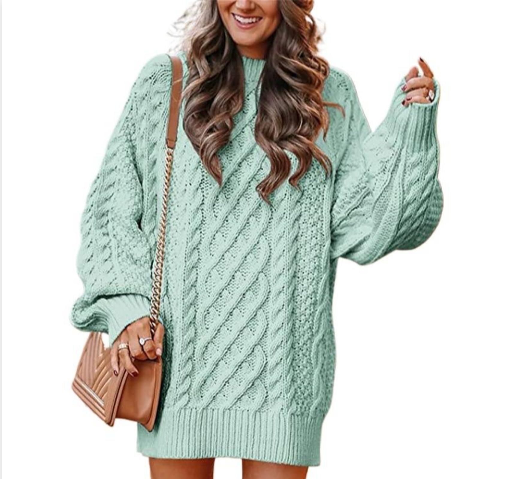 EauSoWomen's Round Neck Long Sleeve Large Twisted Knitted Thick Needle Pullover mid-Length Sweater Women's Dress