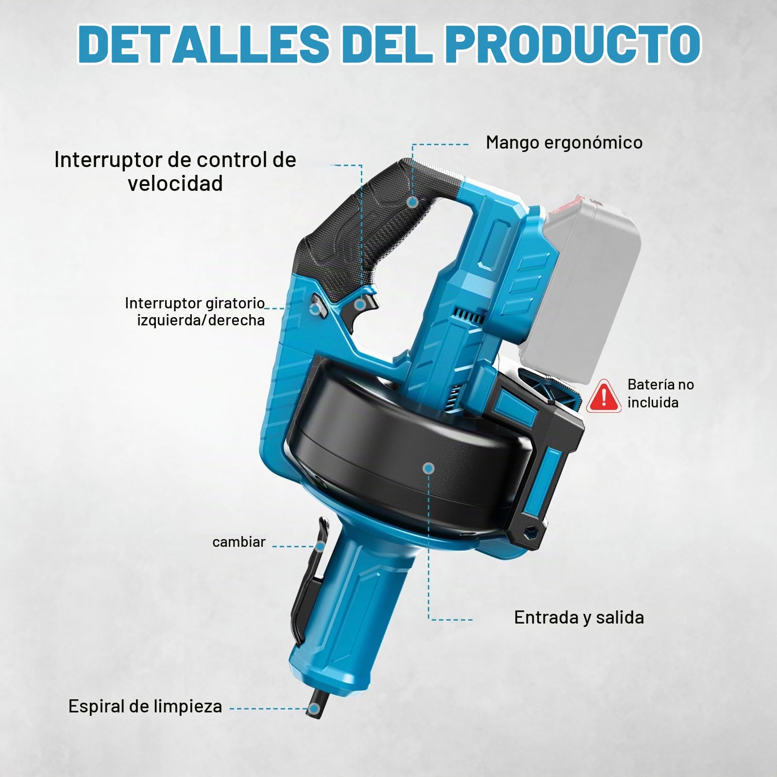 Desatascador Tuberias Profesional, Desatascador Eléctrico Inalámbrico | Compatible con Makita 18V Batería, espiral de limpieza de 7,6 m, espiral de limpieza para tuberías de 16 a 85 mm de diámetro