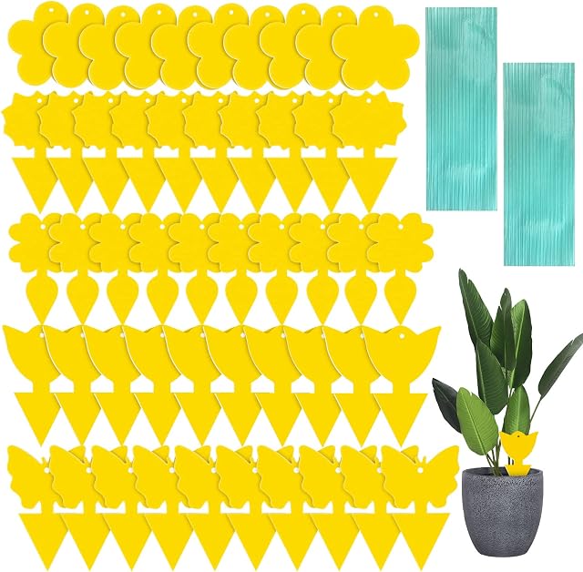 Bigqin 50 Pcs Fly Traps Mosquito Control, Yellow Sticky Traps Fungus Gnat Killer,Dual-side Plant Insects Catcher for Plants, Non-toxic Paper, 5 Styles(Butterflies/Sunflowers/Radish/Flower/Tulip)