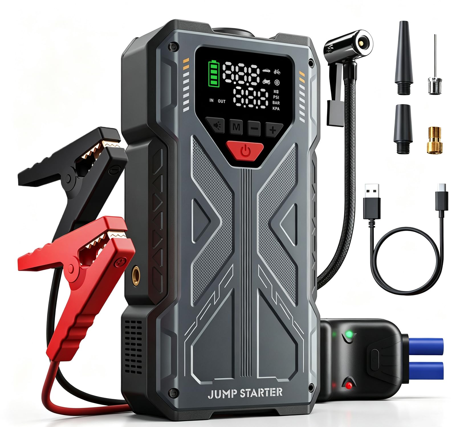 Avviatore di emergenza per auto, 8000 A, con compressore da 150 PSI, batteria da 12 V, per tutte le benzine/diesel da 10 l, con display a LED e cavo di avviamento, da donna