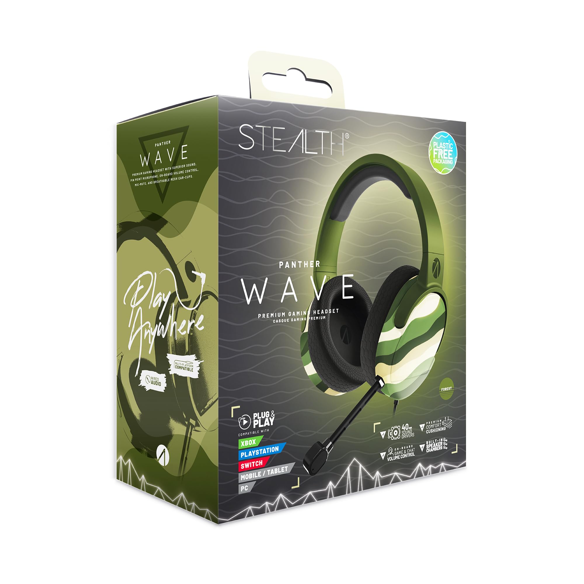 STEALTH PANTHER Wave - Forest Green Over Ear Gaming Headset Compatible with PS4/PS5, XBOX, Switch, PC with Flexible Mic, 3.5mm Jack, 1.5m Cable, Lightweight, Comfortable and Durable