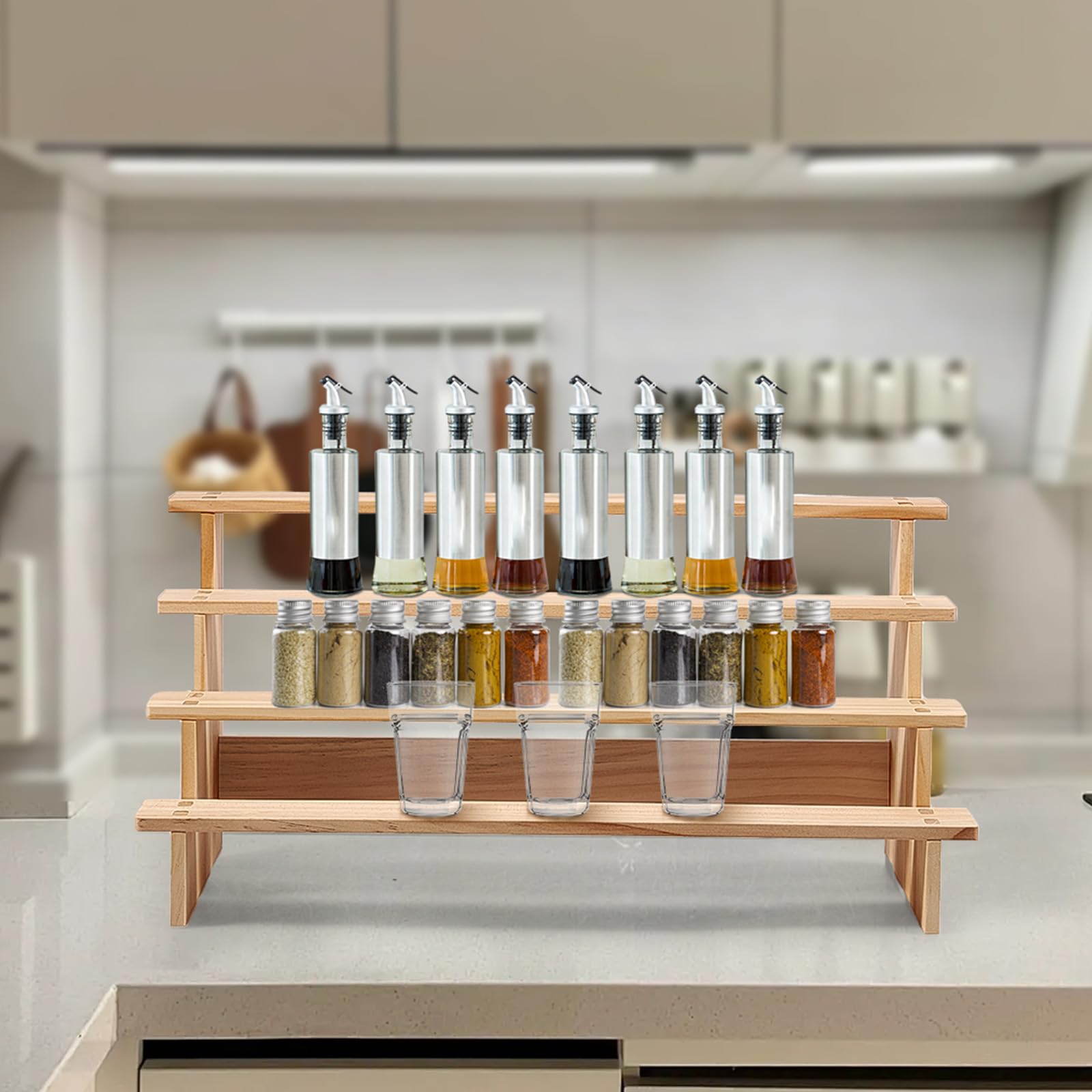 Ghshanog 4 Tier Spice Rack,Wooden Seasoning Organiser For Cabinet, Counter,Tiered Step Organizer Shelf For Condiment,Syrup,Liquor,Medicine,Perfume For Kitchen, Pantry,Bathroom,Bar(4 Tier)