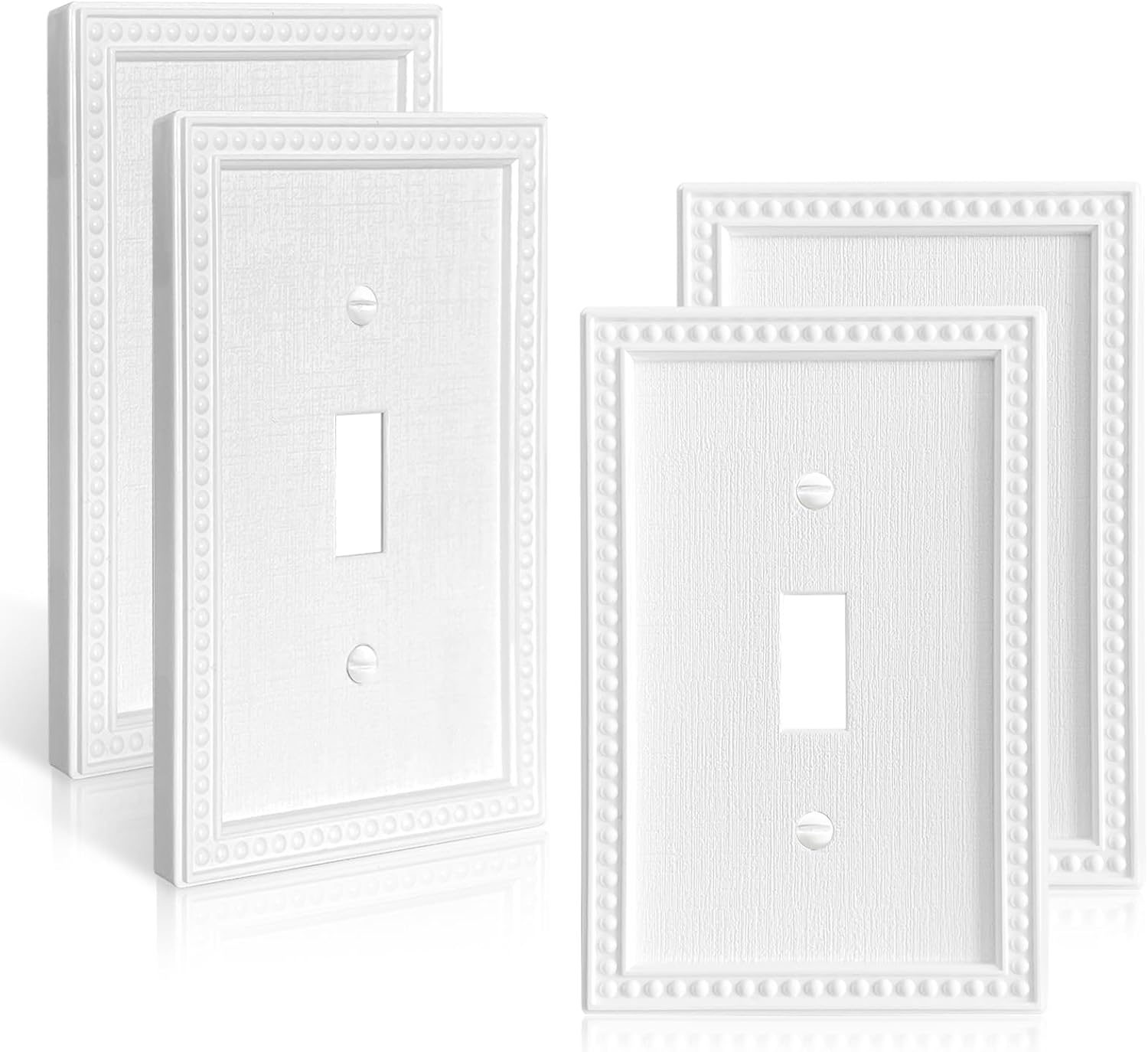 4 Pack Light Switch Cover Plate, Toggle Modern Decorative Wall Plates, Classic Sunken Pearls Relief Design Style Pure White(Mid-Size Single Toggle)