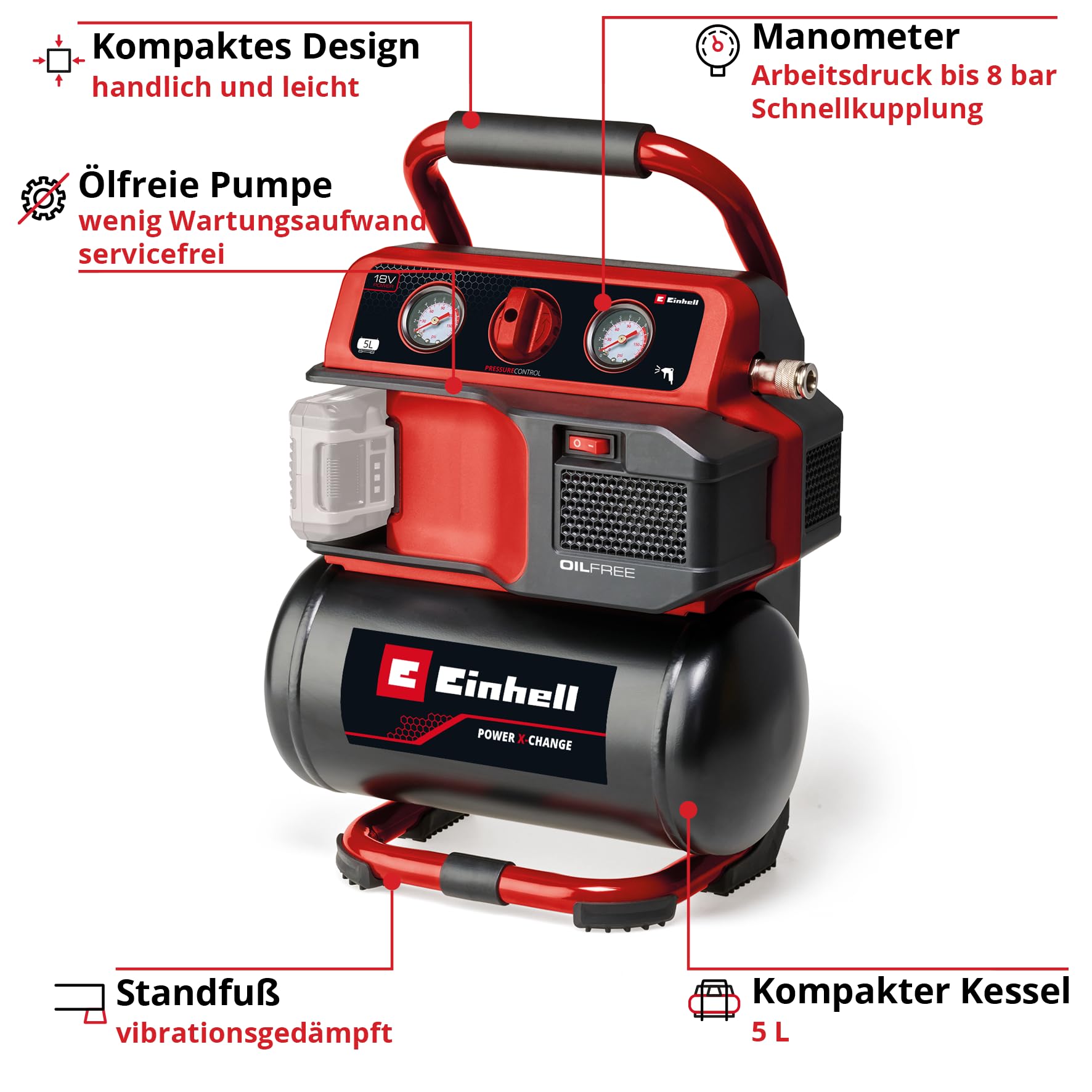 Einhell Akku-Kompressor TE-AC 18/75 Li OF-Solo Power X-Change (18 V, max. 8 bar, 5 l Tank, 75 l/min Ansaugleistung, 2 Manometer, ölfrei, ohne Akku)