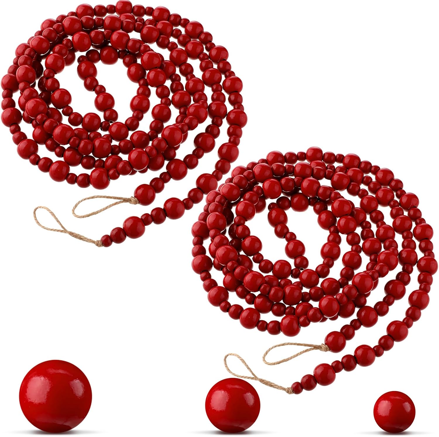 Ceenna 2 Pcs 18 Feet Wood Bead Garland for Christmas Tree Christmas Round Bead Garland Decor Farmhouse Wall Hanging Decorative(Red Color)