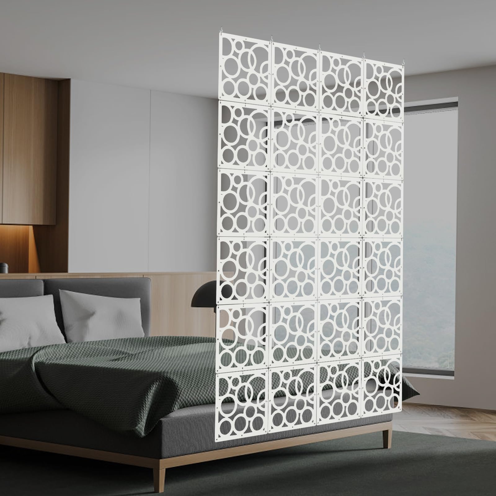 24PCS DIY Hängender Raumteiler Weiß, 29x29 cm (Modell C-Kreise) | PVC Hängesieb Raumteiler Paneele, Privatsphäre Raumteilerbildschirm für Zuhause, Hotel Dekoration