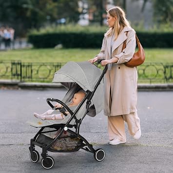 Baby Stroller Pushchair, One-Hand Foldable Compact Travel Stroller Buggy with Rain Cover&Mosquito Net, Lightweight Baby Pram with 5-Point Harness, Adjustable Seat and Large Basket, 0-15KG, Light Grey