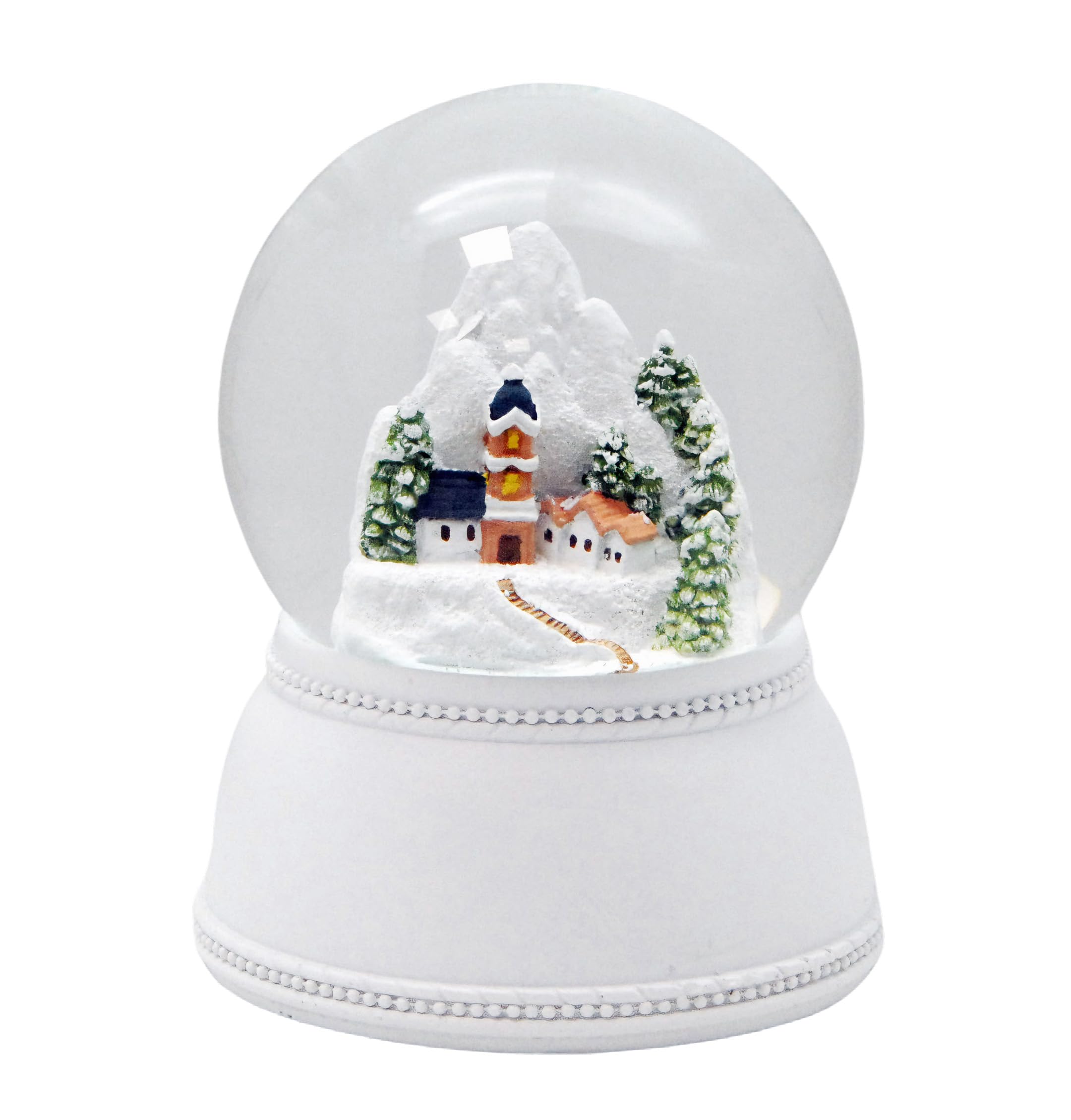 Globo di neve Natale carillon | chiesa villaggio di montagna | base ornamento bianco, altezza 140 mm larghezza 100 mm | musica | 20293