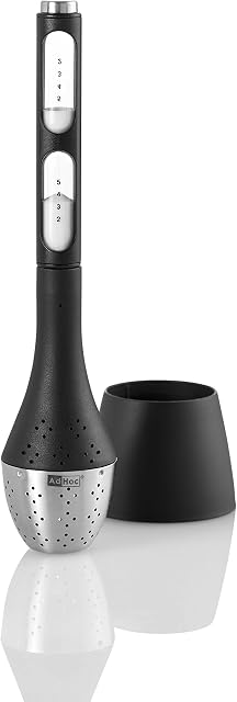 AdHoc TE11 SANTEA Tea Infuser With Timer | Stainless Steel/Plastic/Glass | Loose Leaf Tea Filter, Drip-Collector Stand, Magnetic Hour-Glass | (H)215mm x (D)40mm | Black