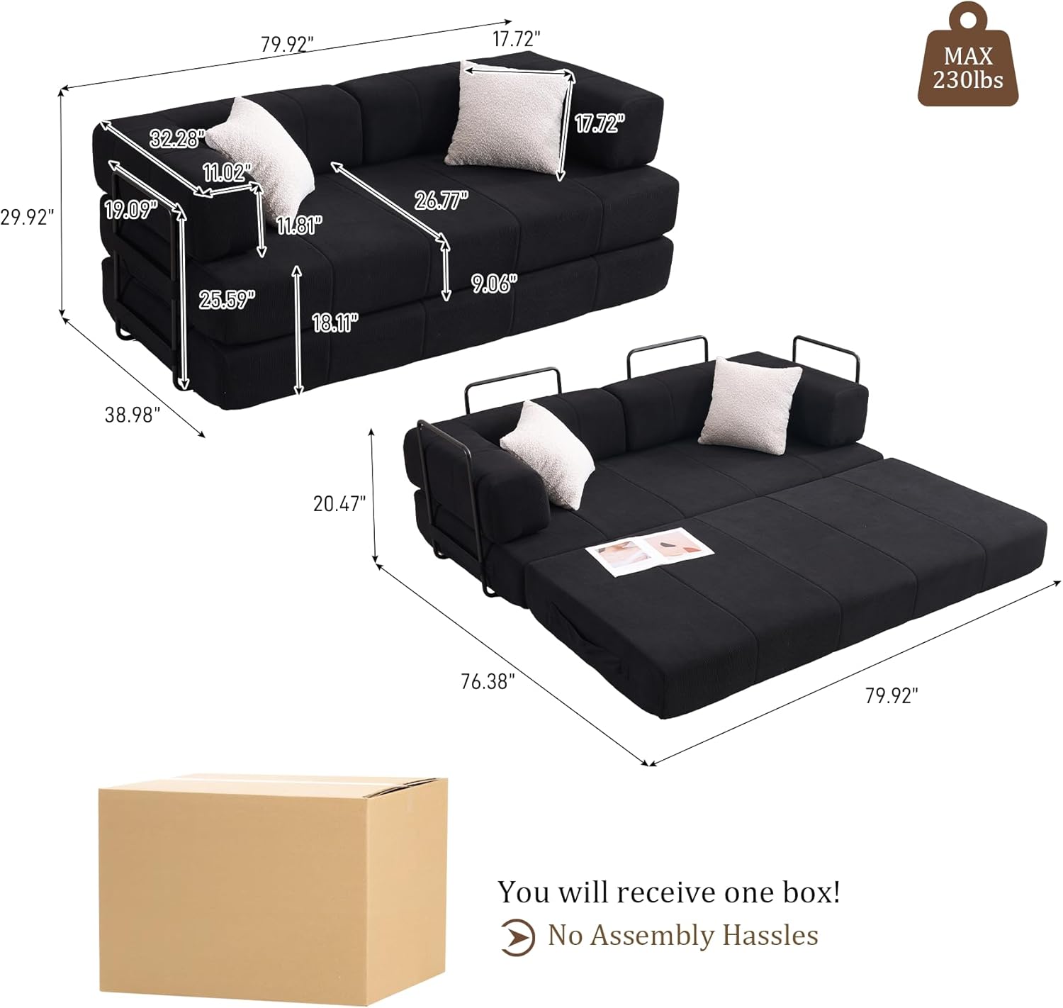 Convertible Sleeper Sofa Bed, Corduroy Folding Mattress Couch with Fixed Frame, Floor Lounge Couch with Pillow, Foldable Lazy Sofa Cama for Living Room, Bedroom, Jet Black