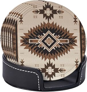Drink Coasters with Holder Leather Coasters Set of 6 Native American Coasters for Drinks, Absorbent Beverage Cup Mat Housewarming Gifts Modern Style Coasters for Coffee Table