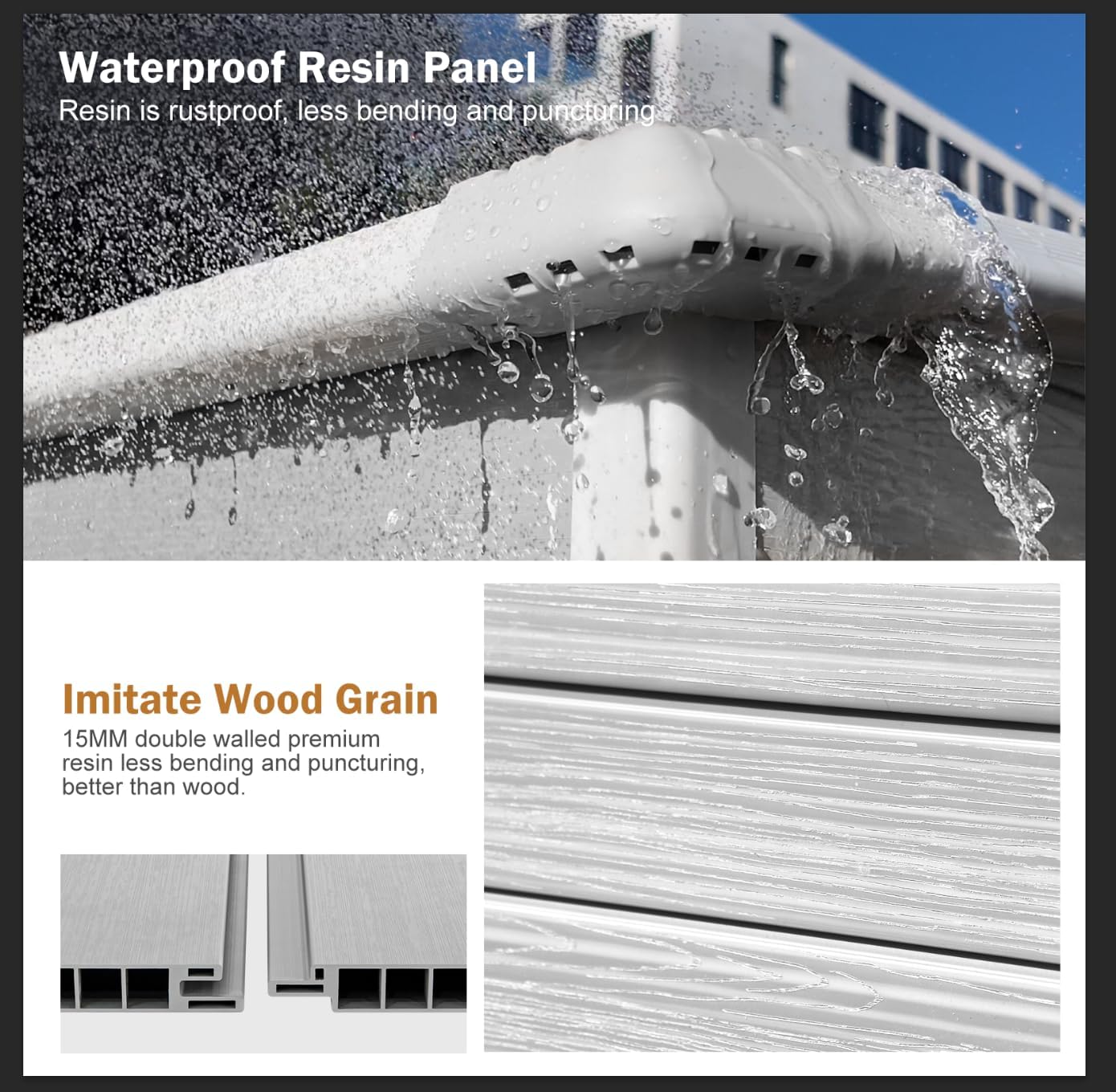 Close-up of the waterproof resin panels with imitate wood grain texture, showing water beading off.