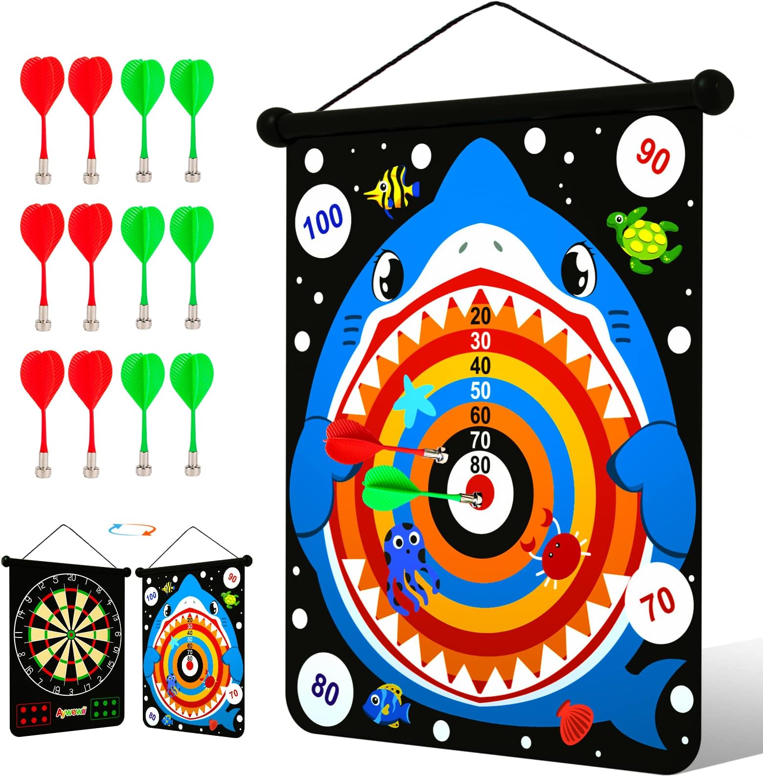 Dart Board,Aywewii 2 in 1 Magnetic Dart Board with 12pcs Safe Darts Roll Up Double Sided Board Games for Kids 5-12,Indoor Outdoor Dart Toys Gifts for Birthday Halloween Christmasโฆ