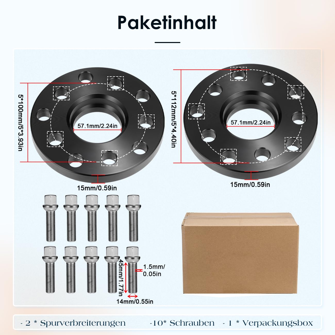 GEARMONSTER Spurverbreiterung, 2x15mm Distanzscheiben Set, LK: 5x100&5x112mm NLB:57.1, 30mm Spurverbreiterungen mit 10 Stück Radschrauben M14x1.5x45mm