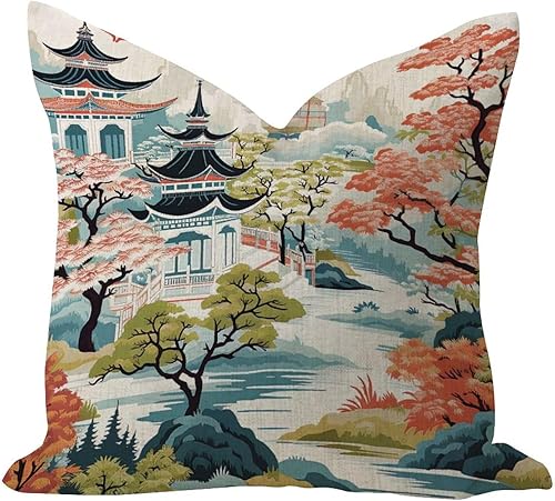 Chinoiserie - Funda de almohada de lino de arpillera de 16 x 16 pulgadas con diseño de pagoda asiática, diseño de pagoda asiática, color blanco,