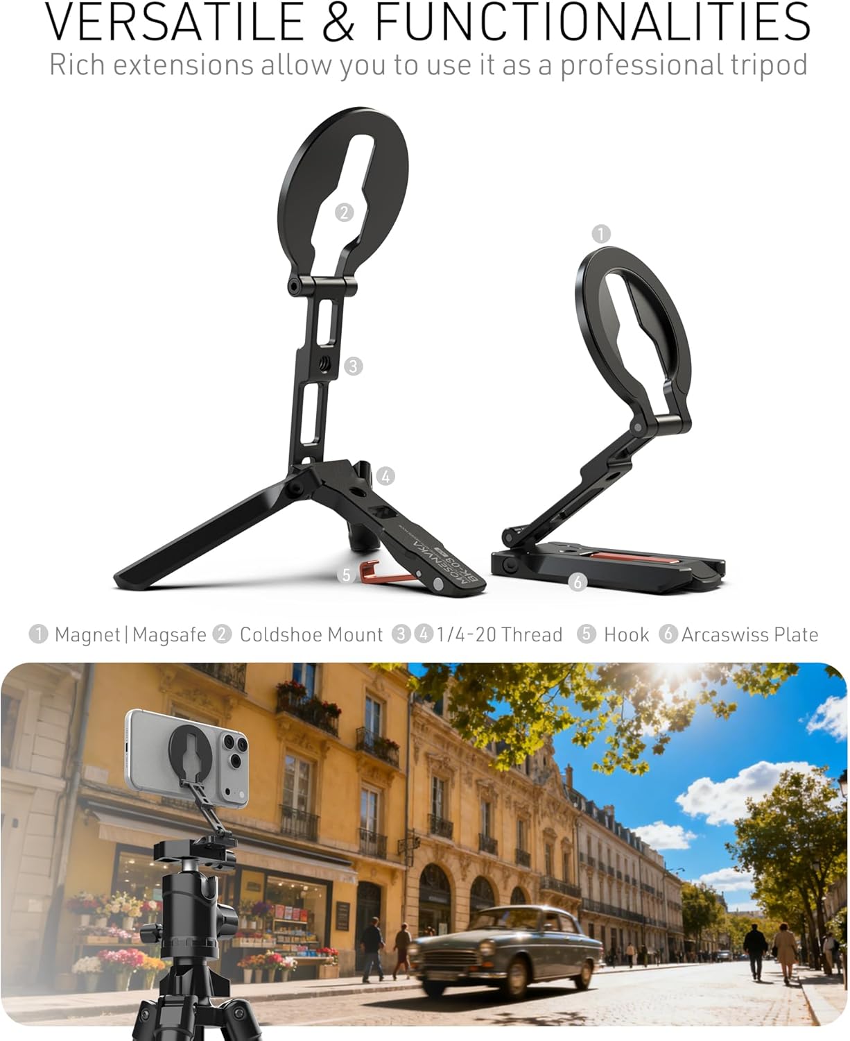 Magnetic Phone Mount,[Ultra-Thin] Magnetic Tripod for iPhone with Arca-Swiss&Cold Shoe&1/4" Screw&Foldable Hook Design,Phone Stand for iPhone 12-17 Series,Vlog,Gym,Travel Use