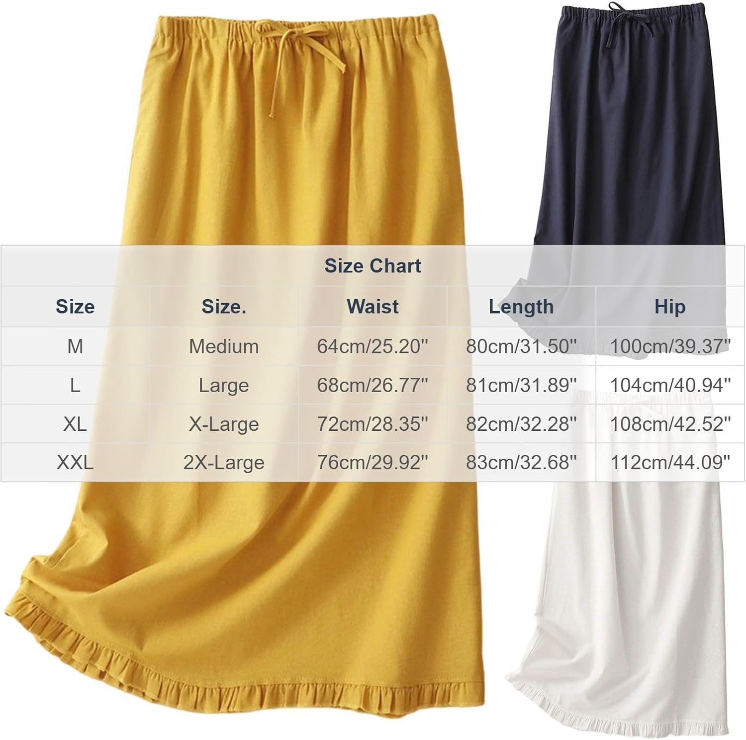 Women's Linen Midi Skirts Summer High Waisted Flowy A-Line Drawstring Casual Beach Skirts Ruffle Hem Cotton Skirt