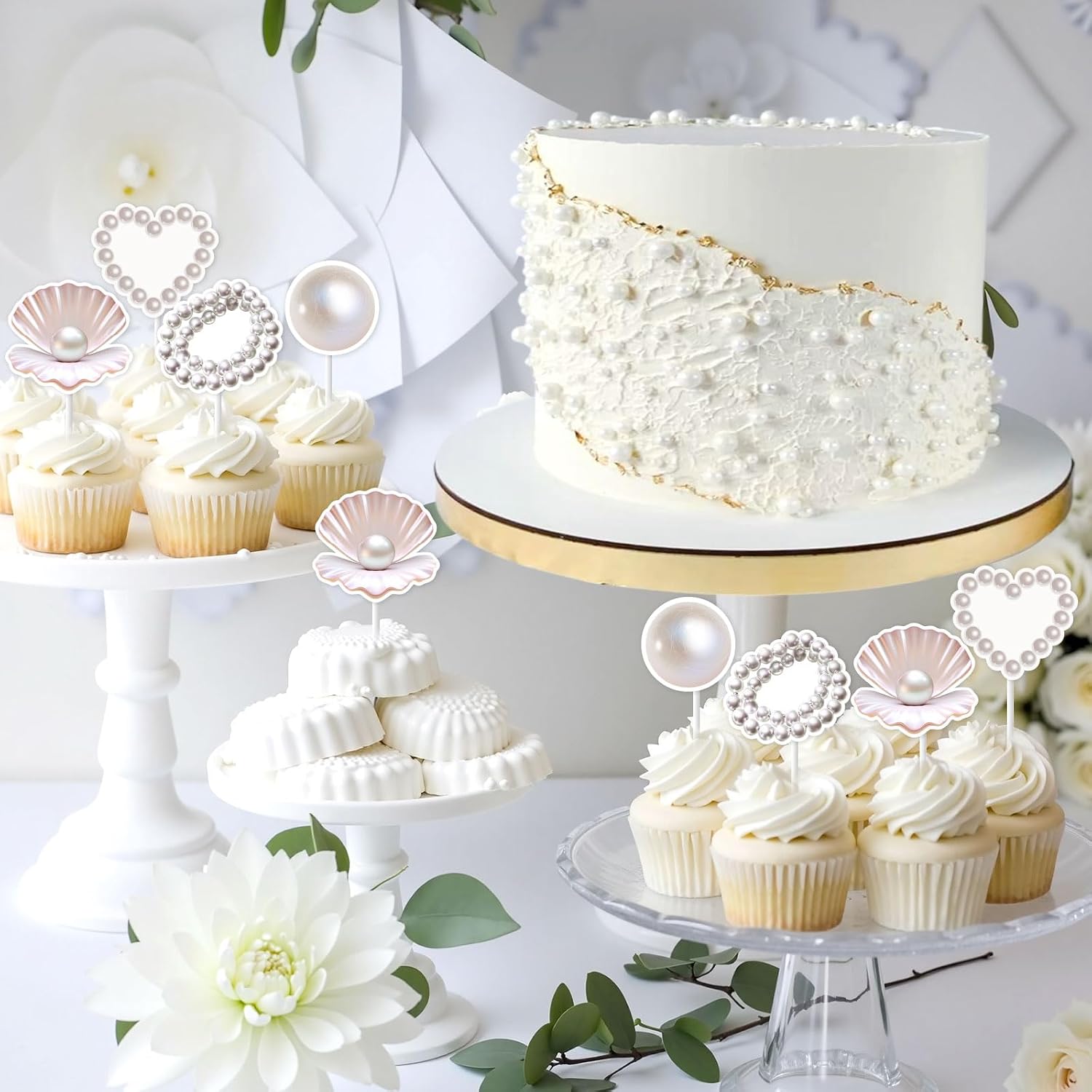 Pearl Seashell Cupcake Toppers 24pcs Sea Shell Themed Party Decorations A Little Pearl Is On The Way Baby Shower Decoration Coastal Seashell Pearls Necklace Under The Sea Mermaid Decors
