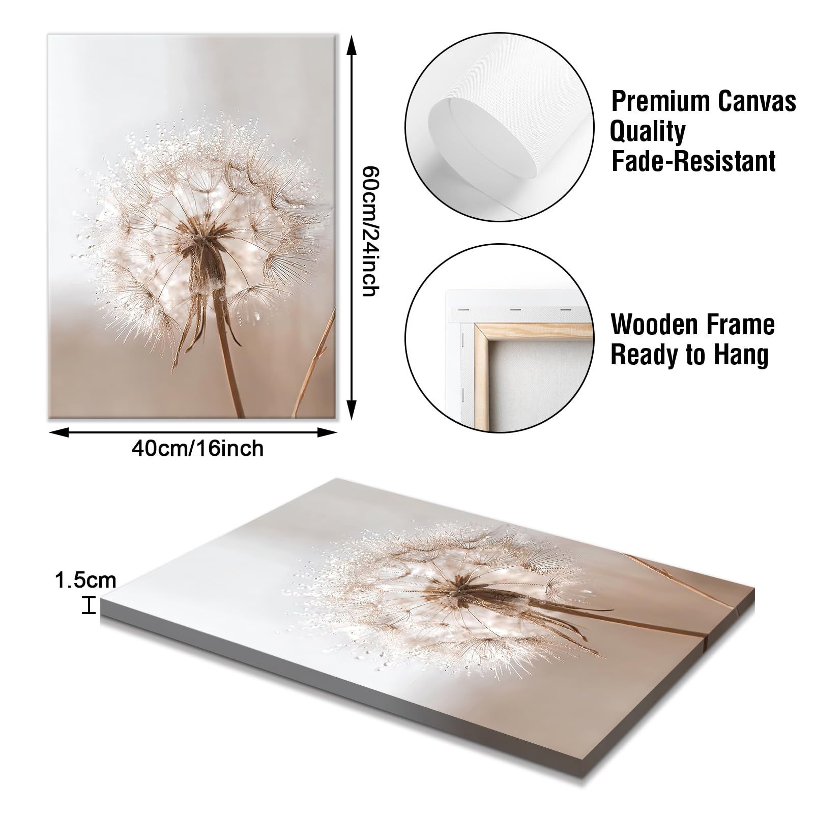 WENGTIAO 3 Stück Beige Weiße Botanische Leinwand Bilder Kunstdrucke Gerahmt, Löwenzahn Schilf und Hasenschwanzgras Wandbilder auf Leinwand für Modern Wohnzimmer Schlafzimmer Wand Deko 40x60cmx3