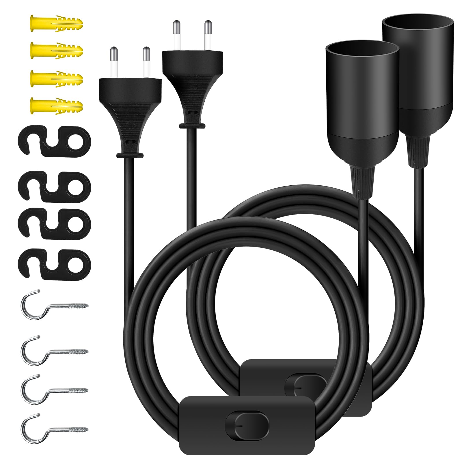HOTUT Oprawa lampy E27 z przełącznikiem, 2 sztuki oprawek E27 z kablem sieciowym 2 m i wtyczką EU, oprawa z kablem czarna do zawieszenia lamp, lamp wiszących, lamp sufitowych, projektów DIY