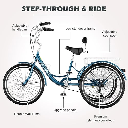 Vista 92 de H&ZT Triciclo para adultos, bicicleta de 3 ruedas, triciclo crucero, con engranaje de 7 velocidades, mango de freno de estacionamiento, escalón