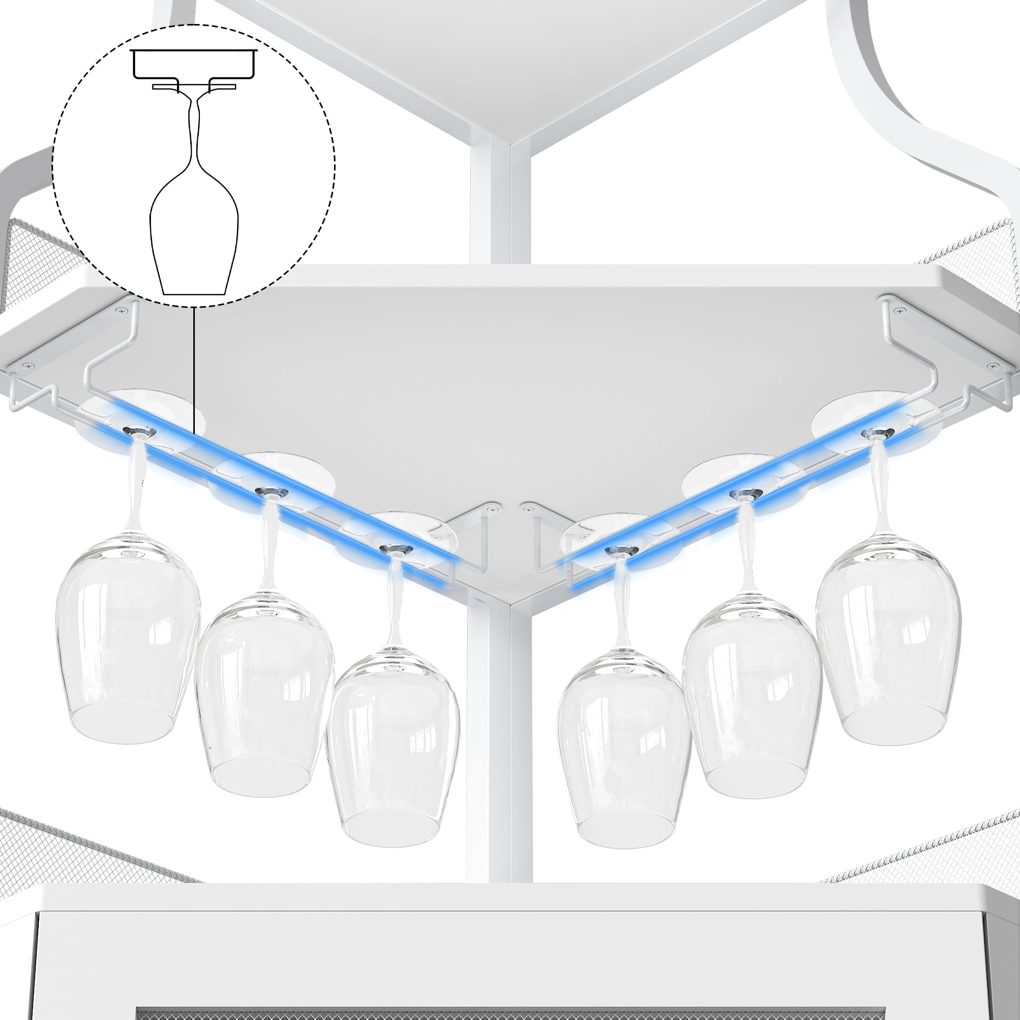 Eck-Weinschrank – Industrieller Eck-Hausbar | 5-Fach Abschließbares Weinregal Mit Glasablage & LED-Beleuchtung | Verstellbare Einlegeböden, Metallgestell & Gittertür | Küche/Wohnzimmer/Bar