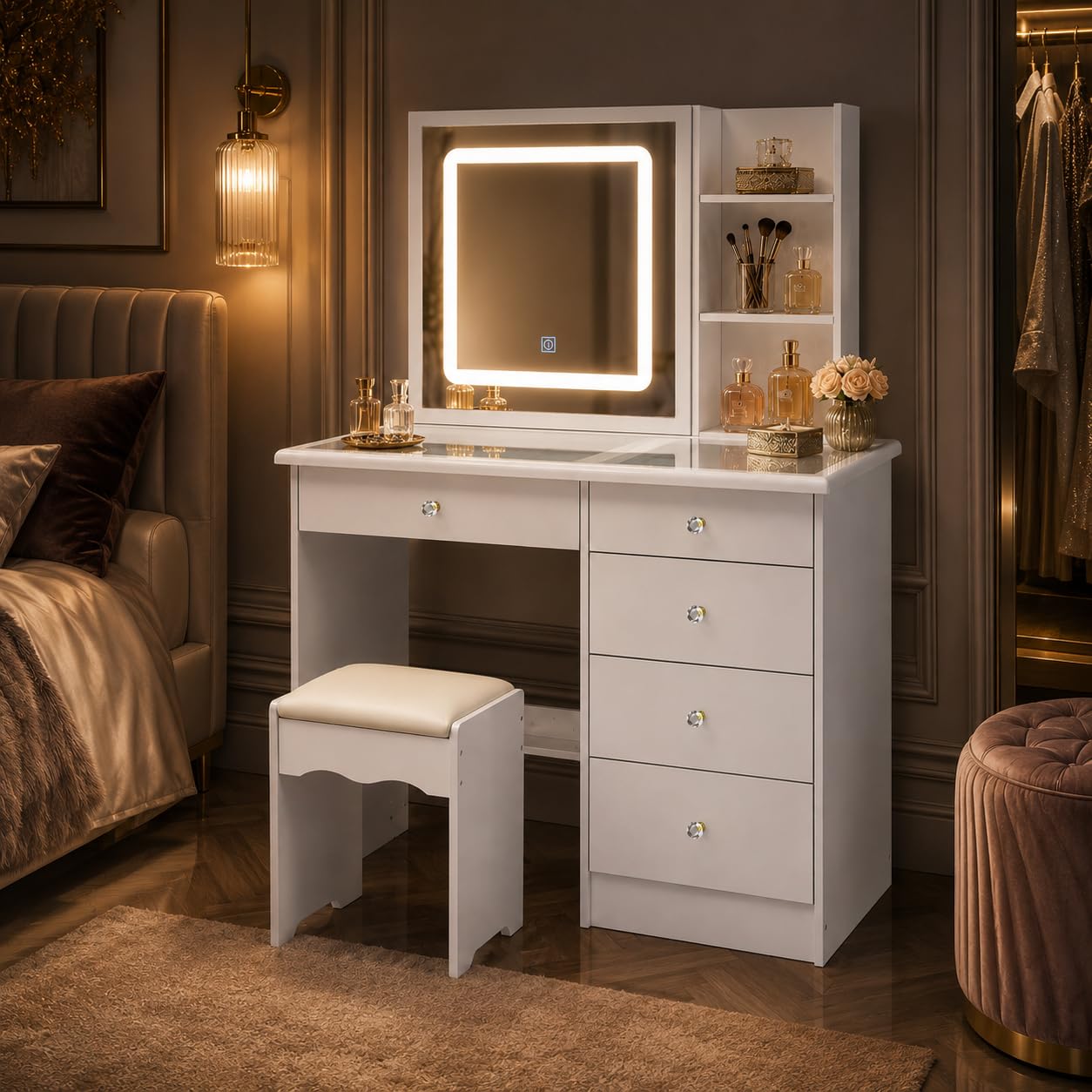 Tavolo da Toeletta Con Grande Piano in Vetro, Illuminazione a 3 Colori, Specchio e Sgabello - 5 Cassetti e 4 Ripiani - Bianco
