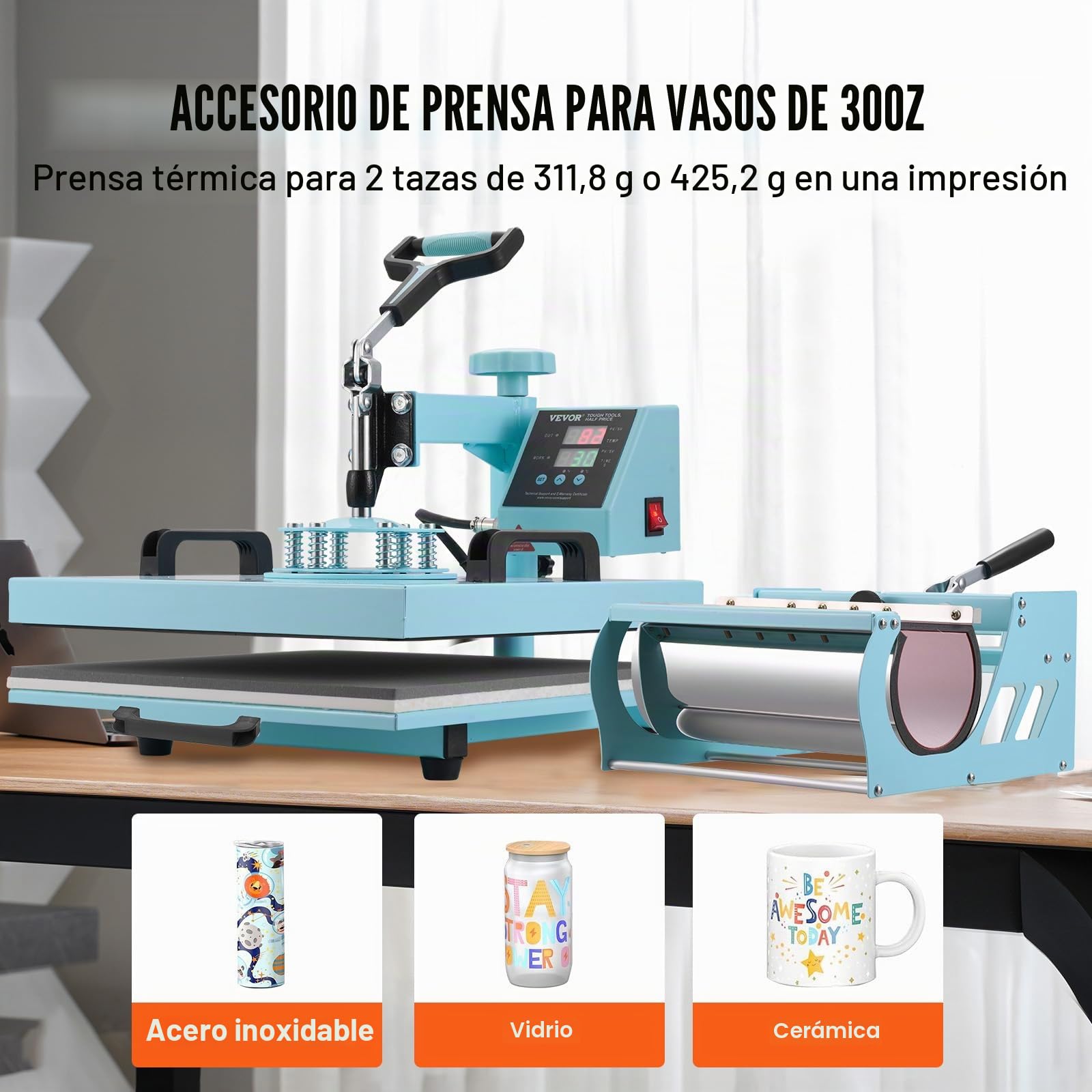 VEVOR 5 en 1 Máquina de Prensado por Calor con Prensa de Vaso de 887 ml, 380 x 380 mm, Prensa Térmico con Giro de 360° con Control Digital Preciso para Camisetas, Tazas, Sombreros y Platos, Verde