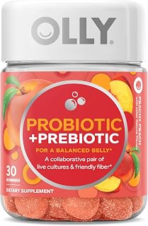 OLLY Probiotic + Prebiotic Gummies: Gut Health & Digestion Support, 500M CFUs Bacillus Coagulans + Fiber, Peach Flavor, Adult Chewables 30 Ct