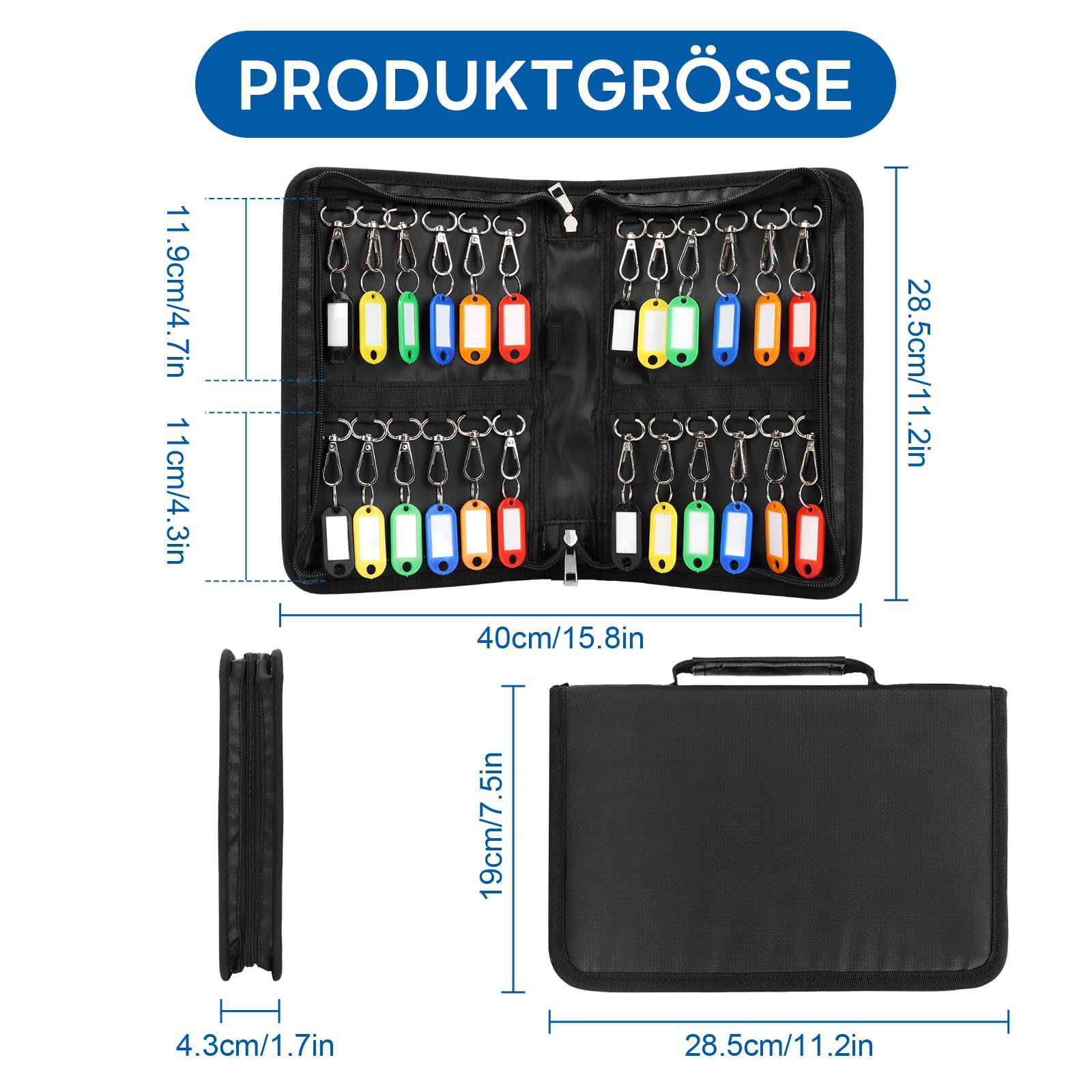 AstraLoom Schlüsselschrank Schlüsselkasten für 24 Haken & Anhänger,Schlüsseletui mit Reißverschluss,Tragbares, für Schule, Büro, Immobilienagentur, Hotel – Schwarz Matt